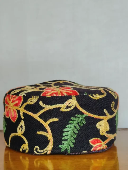 Baghroze Black Cap for Men in Wool with Aari Work
