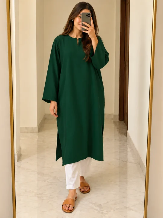 Shehzaadi Dark Green Cashmilon Plain Warm Pheran