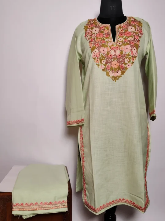 Light Green Color Cotton Co-ord Set with Aari Embroidery