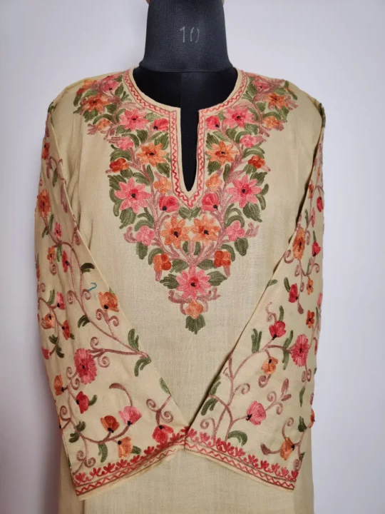 Hina Chocolate Long Cotton Kurti with Elegant Sleeve Aari Embroidery