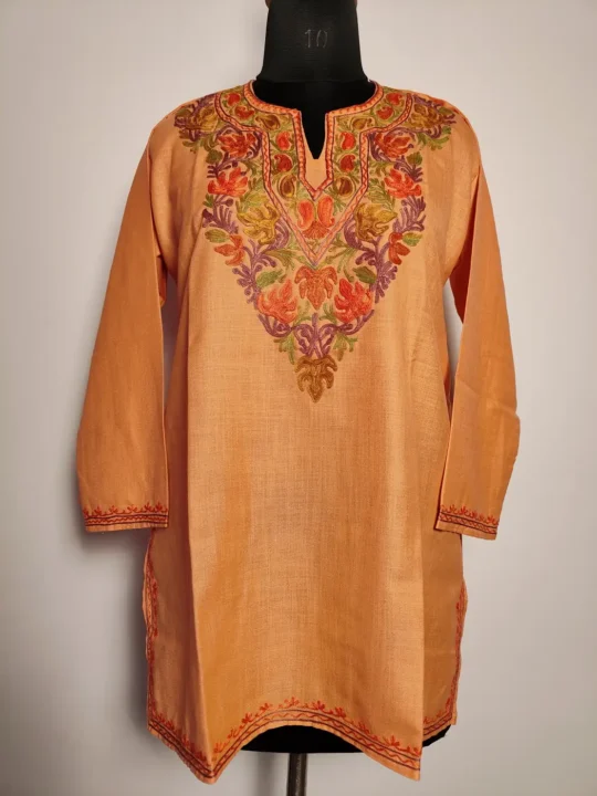 Sehrish Peach Aari Work Ruby Cotton Short Kurti
