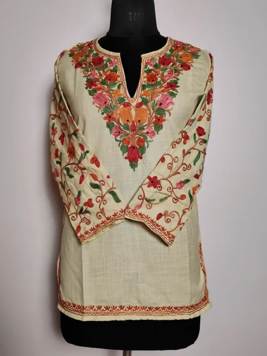 Naila Cream Cotton Short Kurti with Sleeve Aari Embroidery