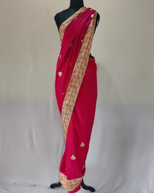 Zari Tilla Embroidered Shama Saree in Hot Pink Silk