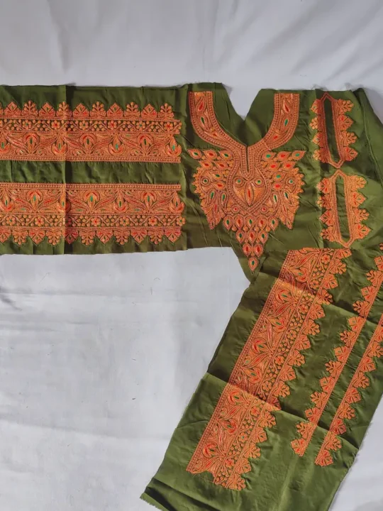 Designer Mehndi Green Patch Set in Koraab Style - Pockets, Sleeves and Lace