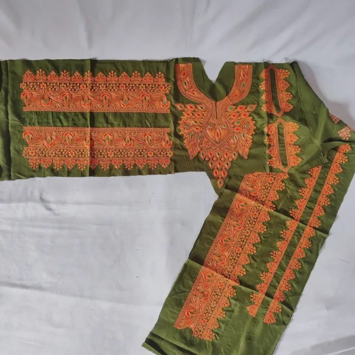 Designer Mehndi Green Patch Set in Koraab Style - Pockets, Sleeves and Lace