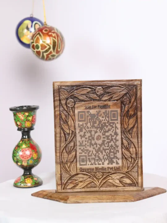 Personalized Wooden Payment QR Code Stand | Hand Carved in Kashmiri Walnut Wood