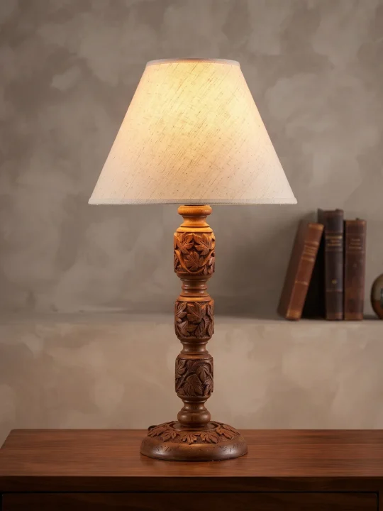 Walnut Wood Table Lamp from Kashmir – Hand Craft Carving