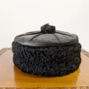 Round Black Karakul Cap with Pure Leather Top and Six Panel Design