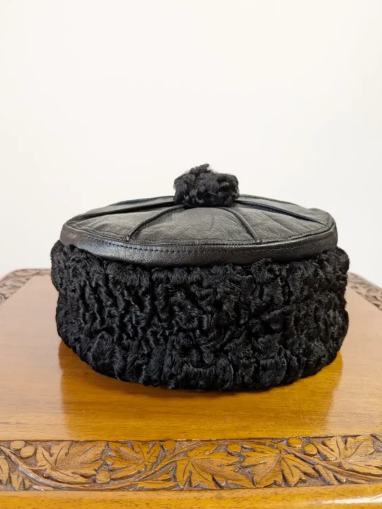 Round Black Karakul Cap with Pure Leather Top and Six Panel Design