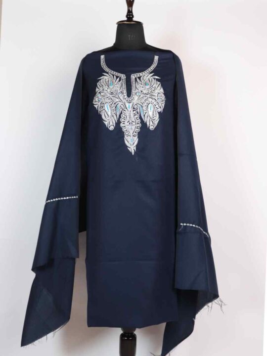 Tilla Work Unstitched Shalwar Suit Indigo Blue Acrowool Fabric