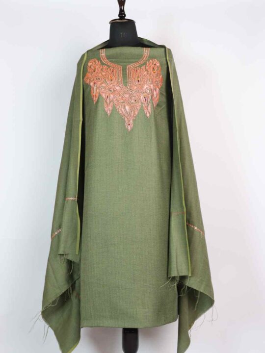 Olive Green Tilla Work Unstitched Shalwar Suit in Acrowool Fabric
