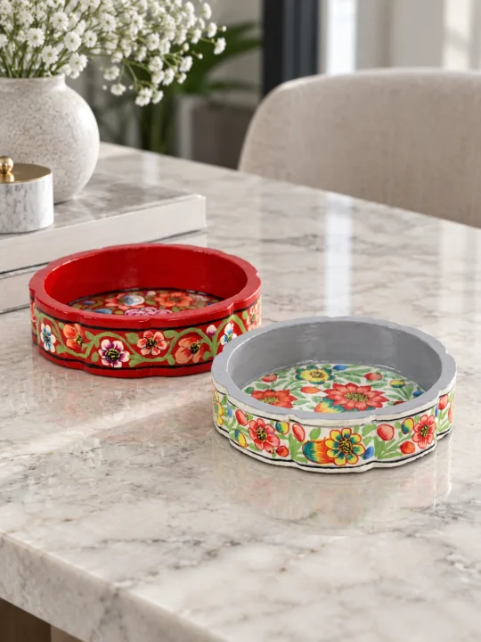 Set of 2 | Kashmiri Red Handicraft Bowl | Hand-painted Paper Machie
