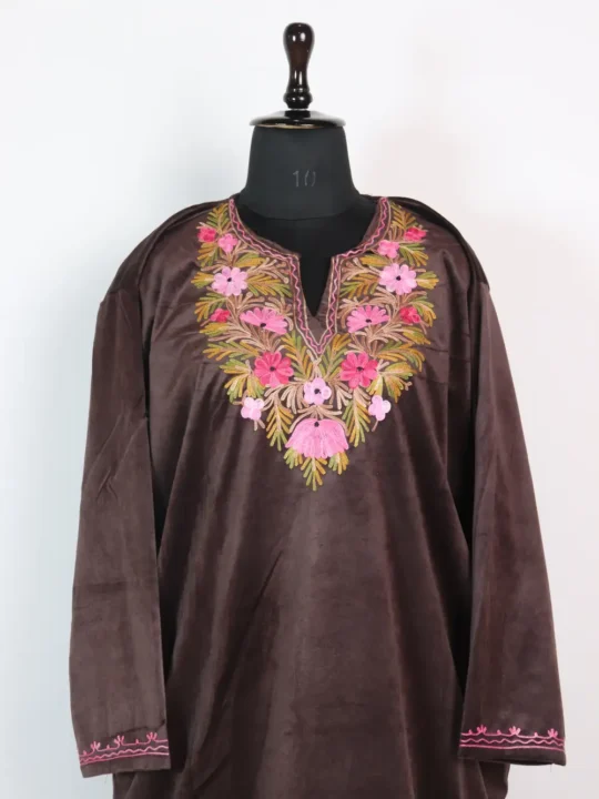 Makhmal Aari Embroidery Chocolate Brown Pheran