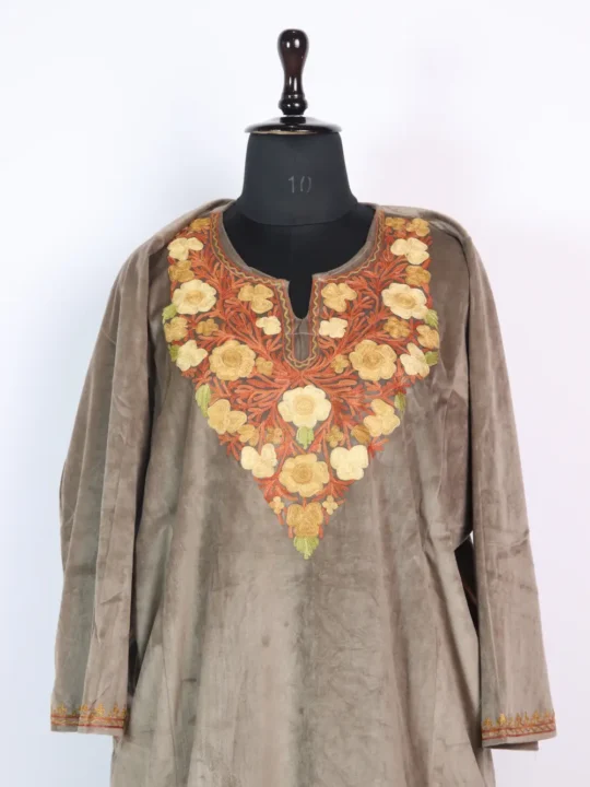 Makhmal Aari Work Embroidery Grey Pheran for Women