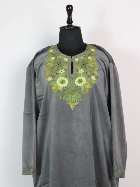 Dark Grey Makhmal Aari Embroidery Pheran for Women