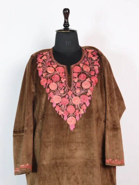 Velvet Aari Embroidery Brown Pheran