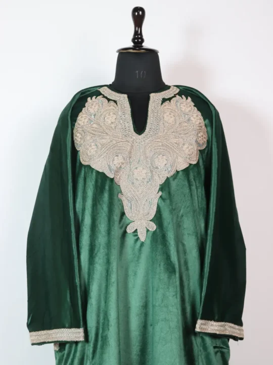 Velvet Tilla Patch Embroidery Dark Green Pheran for Women
