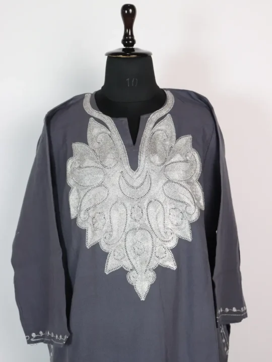 Cashmilon Wool Dark Grey Boab Naal Zari Embroidery Women’s Pheran