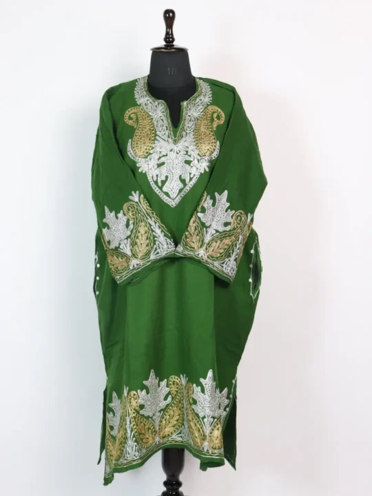 Cashmilon Wool Green Pheran | Heavy Daman and Sleeves Zari Work