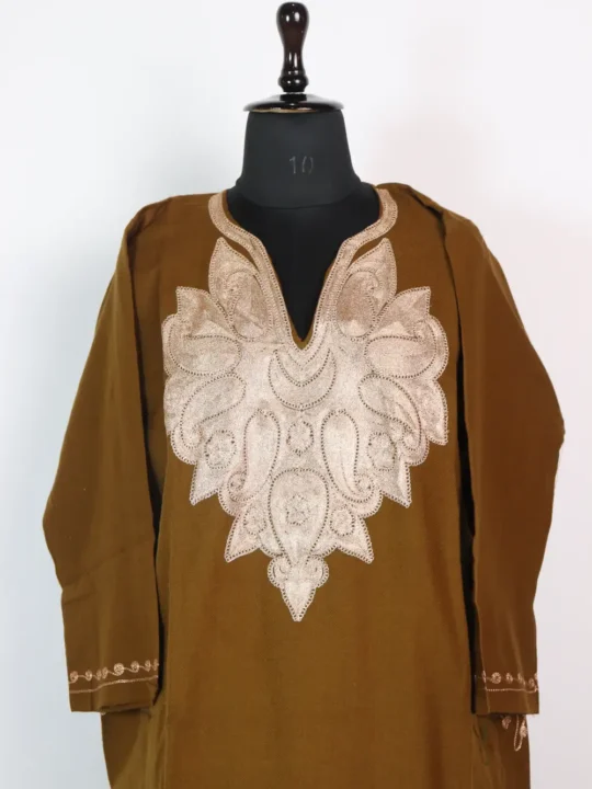 Brown Cashmilon Wool Zari Boab Naal Work Pheran