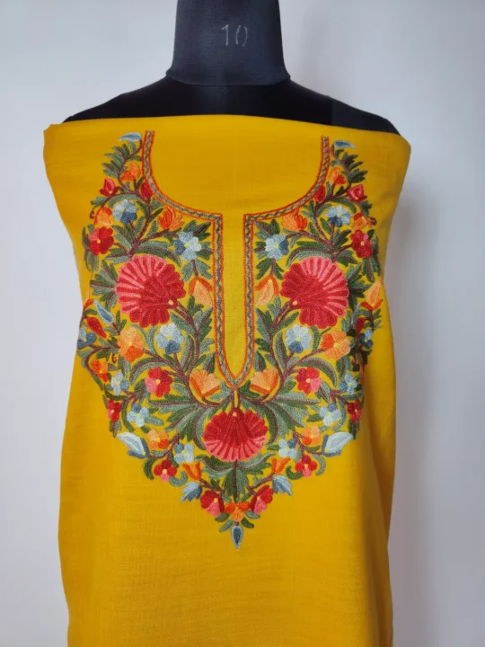 Cotton Unstitched 2pc Mustard Suit with Hand Aari Embroidery