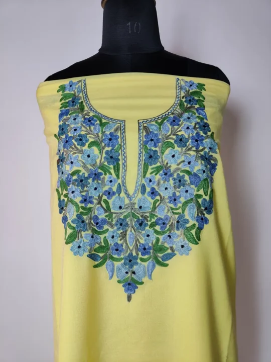 Yellow 2pc Summer Cool Unstitched Cotton Suit with Aari Embroidery