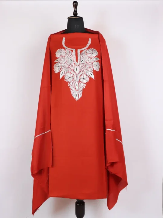 Red Acrowool Tilla Work Unstitched Shalwar Suit Fabric