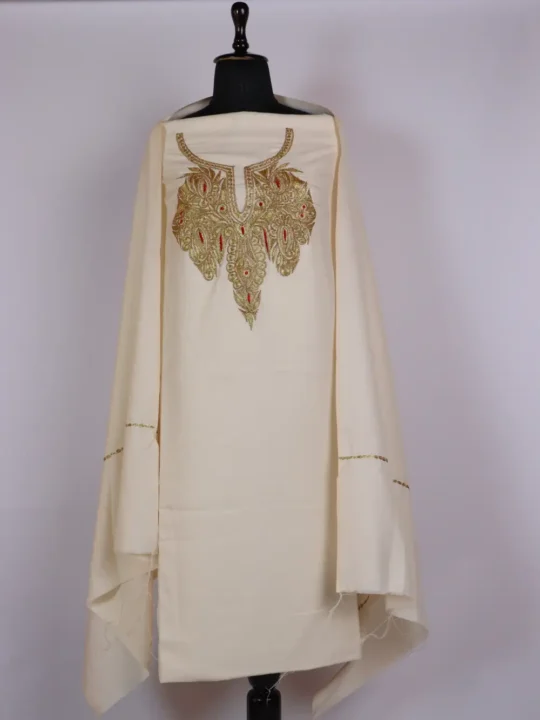 Cream Acrowool Tilla Work Unstitched Shalwar Suit Fabric