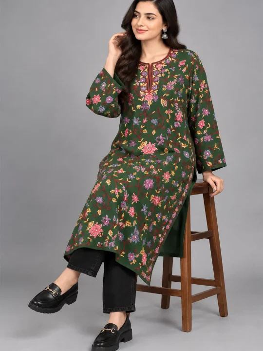 Green Pure Wool Pheran with Heavy Hand Aari Work