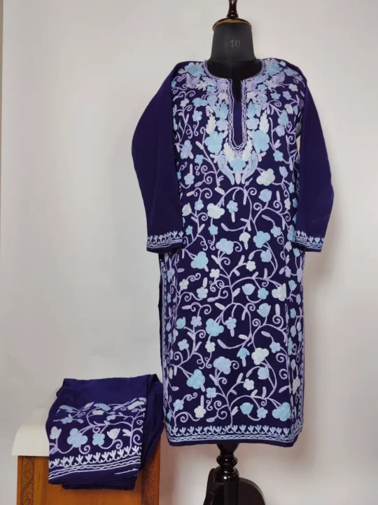 Dark Blue Woolen Kurta Set With All Over Jaal Aari Embroidery