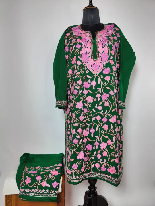 All Over Jaal Aari Embroidery Green Woolen Kurta Set