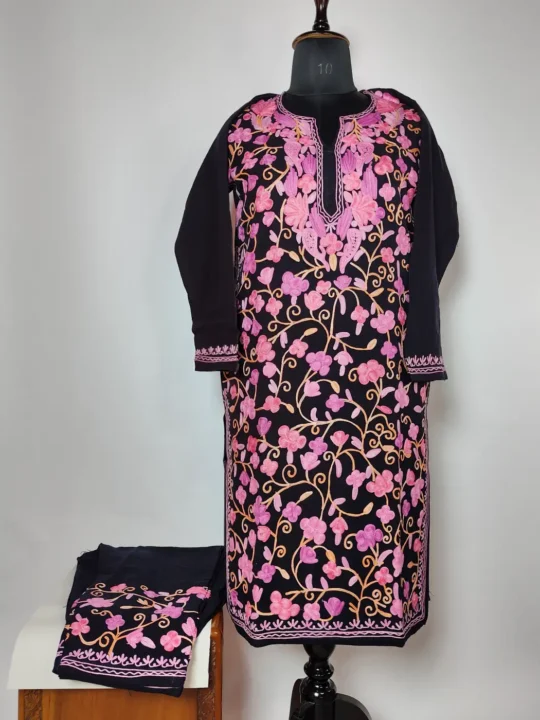 Black Woolen Kurta Set With All Over Jaal Aari Embroidery