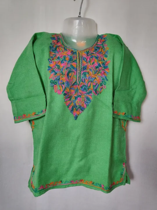 Aari Embroidery Kids Mint Green Cashmilon Work Pheran