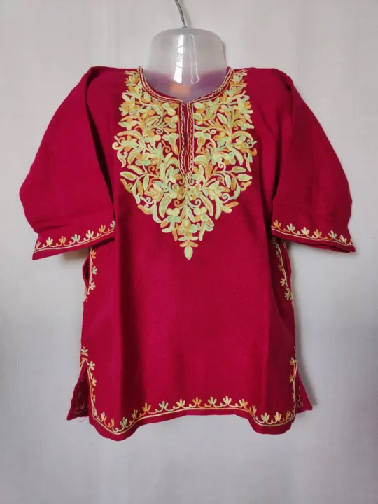 Baby Girls Magenta Pheran with Aari Embroidery in Cashmilon