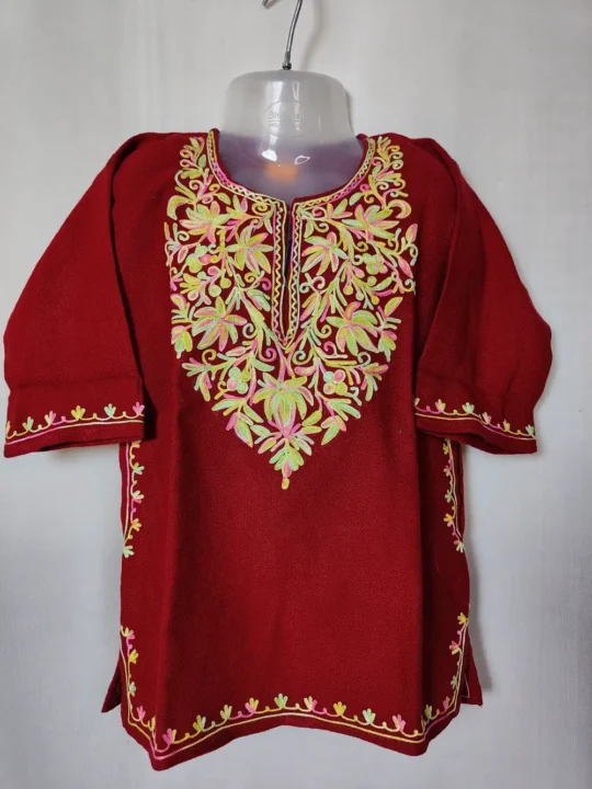 Baby Girls Maroon Cashmilon Pheran with Aari Embroidery