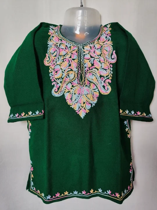 Cashmilon Dark Green Kids Pheran with Aari Work