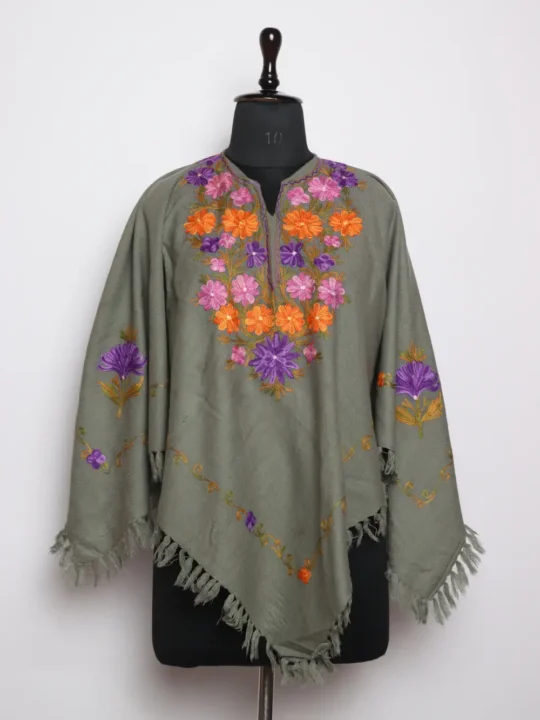 Grey Cashmilon Wool Poncho with Aari Embroidery