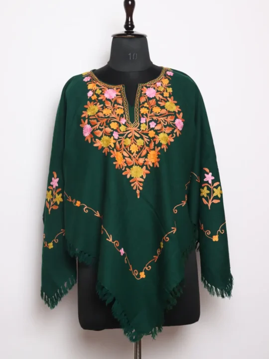 Gulbadan Dark Green Aari Work Cashmilon Wool Poncho