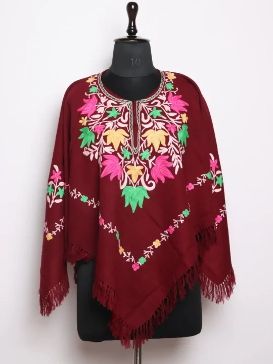Maroon Poncho in Cashmilon Wool with Aari Embroidery