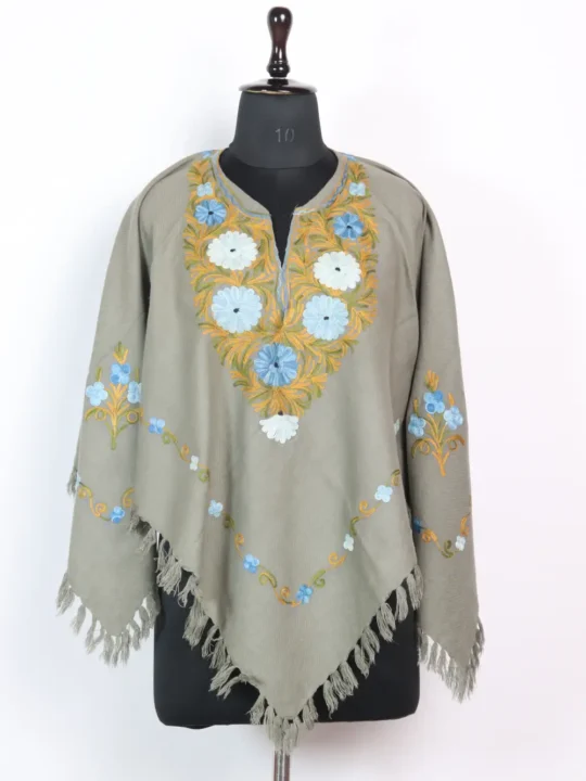 Mehrunnisa Grey Cashmilon Wool Poncho with Aari Work
