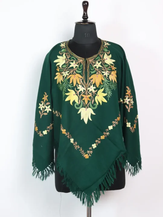 Ruqaiya Aari Work Dark Green Cashmilon Wool Poncho