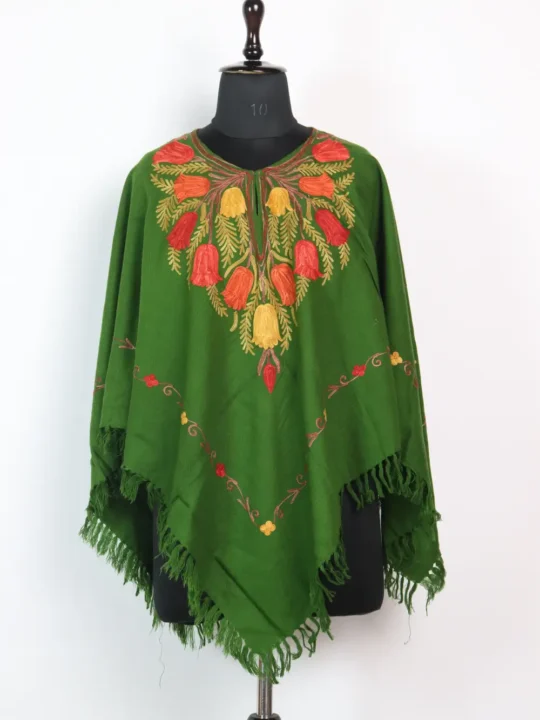 Jameela Green Cashmilon Wool Poncho with Zari Floral Work