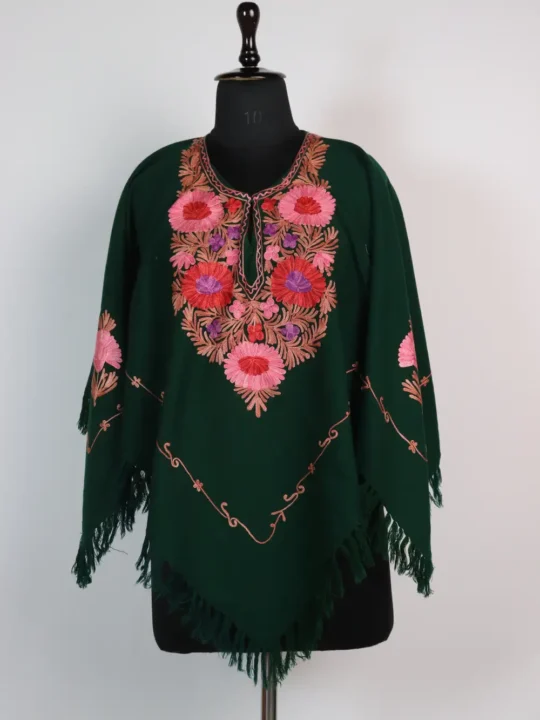 Womens Dark Green Cashmilon Woolen Poncho with Aari Work
