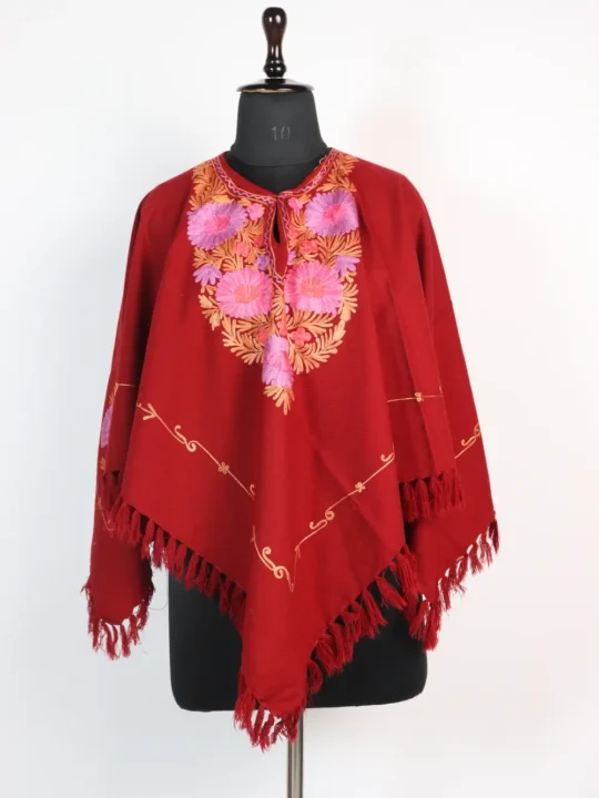 Maroon Womens Poncho in Cashmilon Wool with Aari Work