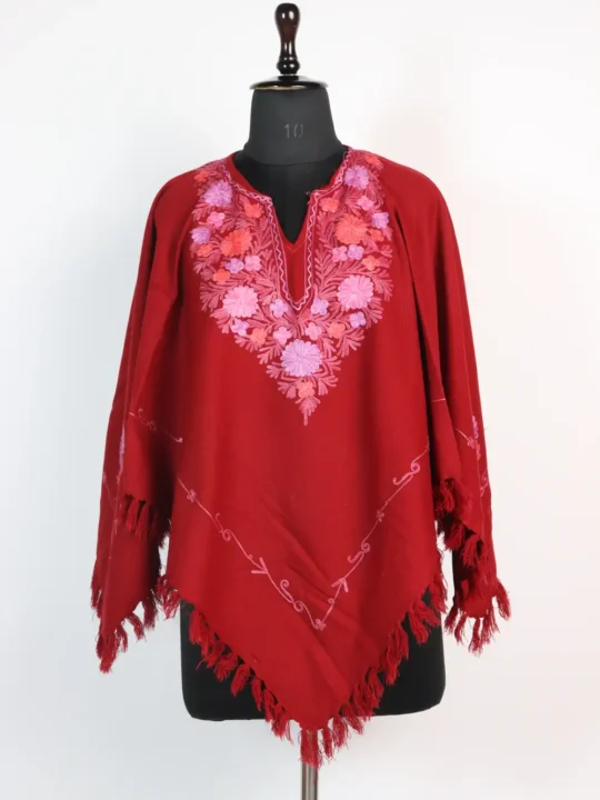 Womens Cashmilon Woolen Maroon Poncho with Aari Work