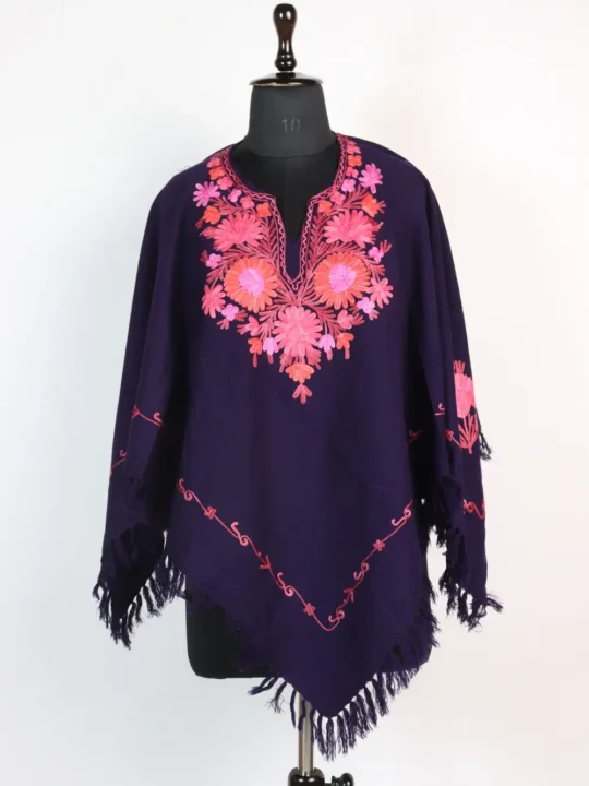 Indigo Blue Womens Poncho in Cashmilon Wool with Aari Work