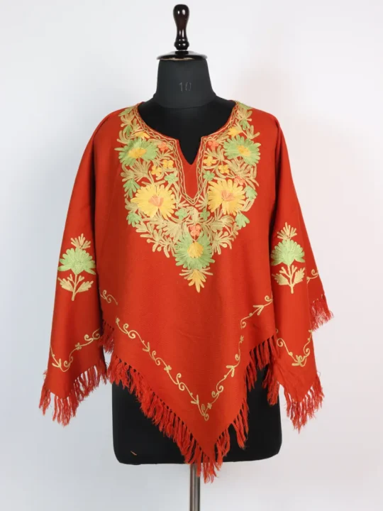 Cashmilon Woolen Rustic Orange Poncho with Aari Work for Women