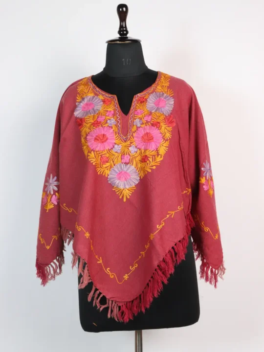 Womens Dusty Pink Cashmilon Woolen Aari Work Poncho