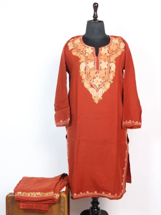 Rustic Orange Cashmilon Wool Aari Embroidery Kurta Set
