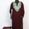 Cashmilon Wool Aari Embroidery Wine Kurta Set